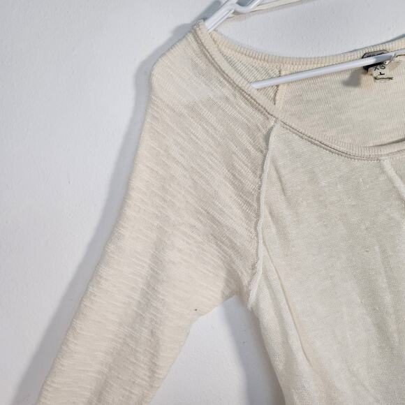 Free People We The Free Linen Blend Thermal Tee Top XS Cream Minimalist Boho - Picture 4 of 8